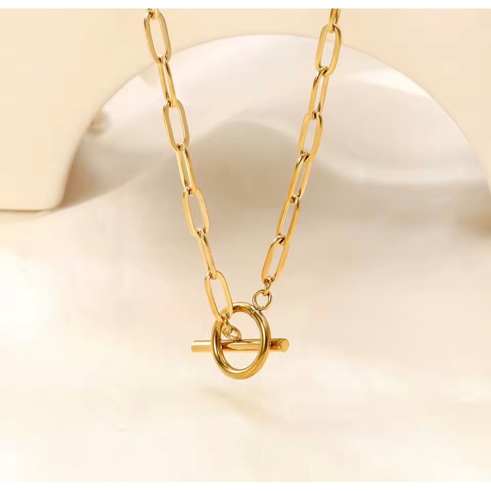 Gold Paperclip Chain Toggle Necklace Minimalist Link Layering Jewelry - Picture 2 of 6